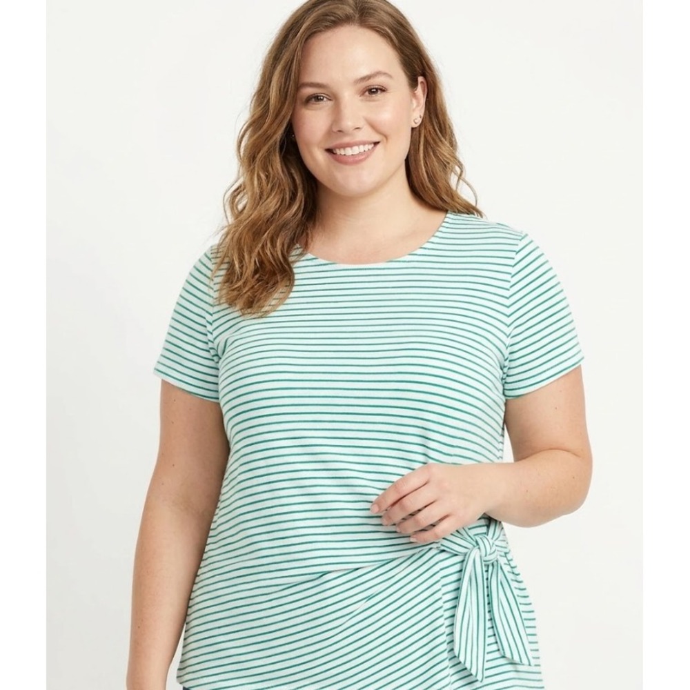 Chico's size XL/3 Blue White Striped Tie Front Short Sleeve Stretch Casual Top